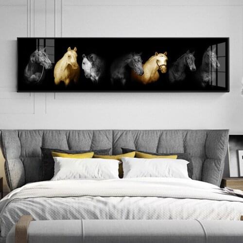 Running Black White Horse Animals Painting Artistic Canvas Art Gold Posters and Prints Modern Wall Art Picture For Living Room