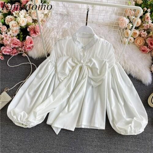 Kimutomo Simple Sweet Bow Blouse Korea Chic Women O-neck Solid Puff Sleeve Shirt Spring Autumn 2021 Outwear Fashion Elegant