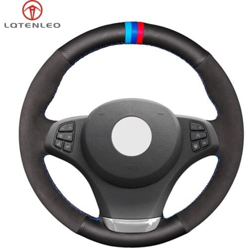 LQTENLEO DIY Hand-stitched Car Steering Wheel Cover Black Genuine Leather Black Suede For BMW E83 X3 2003-2010 E53 X5 2000-2006