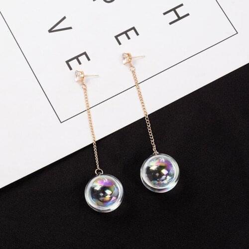 Trendy Transparent Round Glass Ball Pendant Earring for Women Gold Color Long Chain Rainbow Sequins Hanging Dangle Earrings Gift
