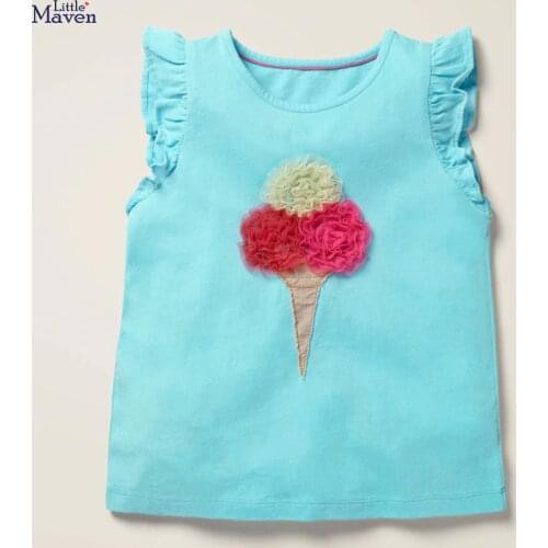 Children 2021 Summer New Baby Girls Clothes Flower Applique Tee Tops Brand Short Sleeve Casual Cotton Sky Blue T Shirt