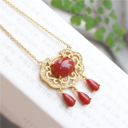 Lock of Good Wishes Pendant Necklace Sterling Silver Gold-Plated Diamond Red Agate Safety Lock Clavicle Set Chain Palace Style