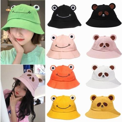 Cute Panda Bucket Hat Lovely Frog Cotton Foldable Wide Brim Fisherman Cap Casual Summer Outdoor Sunscreen Hat for Women