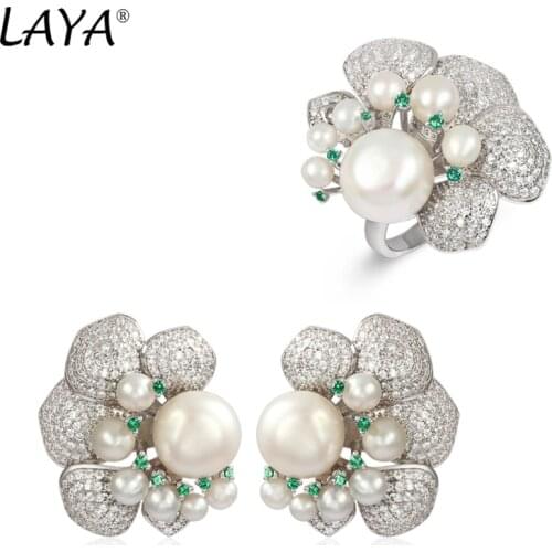 Laya 925 Sterling Silver Personality High Quality Zircon Green Nano Natural Pearl Earrings Ring Sets For Women Fine Jewelry