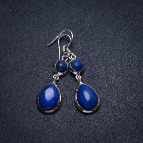 Natural Lapis Lazuli Handmade Boho 925 Sterling Silver Earrings 1 3/4" T5089