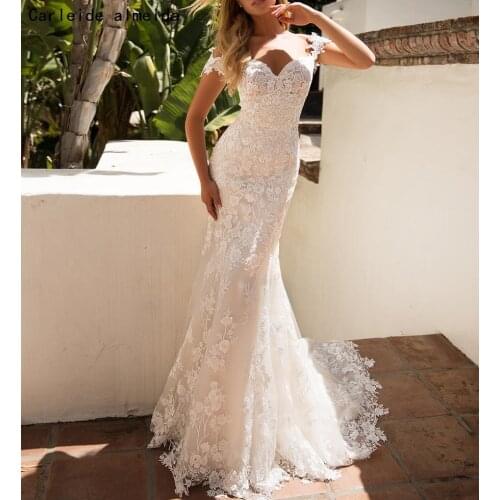 Spaghetti Straps Off-the-Shoulder Mermaid Wedding Dresses with Unique Lace Appliques Mermaid Bride Dress Customized Wedding Gown