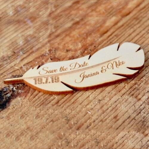 Wedding save the date magnets, eco wood magnet , feather shape Engraving Fridge Magnet