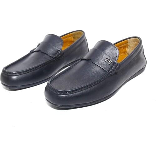 SHENBINS Handmade Dark Blue Loafers, Premium Aniline Calf Leather, Daily Comfort Mens Casual Footwear for Spring/Summer