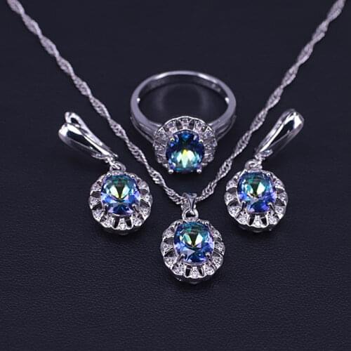 Egg Square Silver Color Jewelry Earrings Ring Necklace Set Rainbow Cubic Zircon Jewelry For Women Pretty Bridal Jewelry