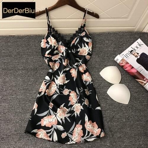 New Sexy Sleepwear Sleepdress Deep V Lace Lingerie Faux Silk Night Dress Print Flower Women Spaghetti Strap Nightgown