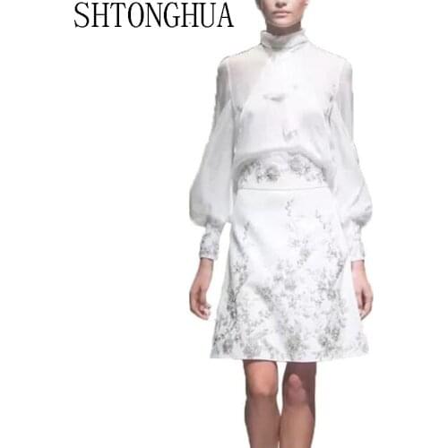 Newest Fashion Runway 2019 Suit Set Womens Long Sleeve womens Blouse+High waist embroidery beading 2 piece Skirt Set