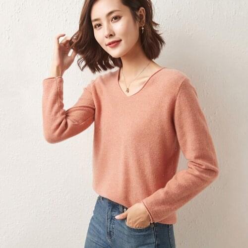 2021 Autumn/Winter Women Sweaters 100% Wool Knitting Pullovers V- Neck Jackets Long Sleeve Jumpers With Sequins Clothes