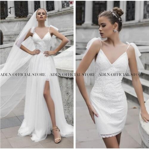 ADLN Detachable Wedding Dresses for Women Spaghetti Straps Short Wedding Reception Dress with Removable Skirt Boho Bride Gown