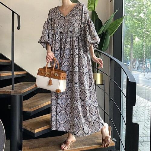 Summer 2021 New Elegant Vintage Print Maxi Dress Women High Waist V-neck Lantern Sleeve Korean Ladies Casual Long Dress Vestidos