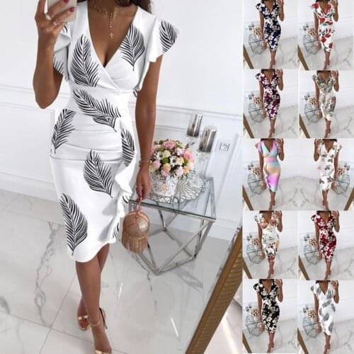 2021summer Elegant Ladies Dress Fashion Ruffl Folds Flower Print Dresses For Women Deep V-neck Sleeveless Party slim fit Clothes