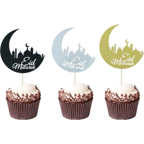 10pcs Eid Mubarak Cupcake Toppers Ramadan Mubarak Home decorations Moon Glitter cake topper Islamic Muslim Eid Party Cake Decor