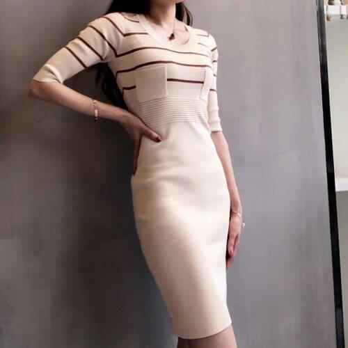 2021 summer Elegant women Chic Casual Retro O Neck Short Sleeve stripe Slim Bag Hip Knitted Dress Plus Size