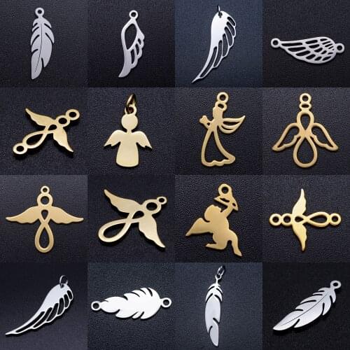 5pcs/lot Angel Wing DIY Charms Wholesale 100% Stainless Steel Angels Cupid Connectors Charm Bohemia Leather Jewelry Pendant