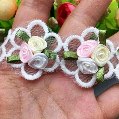 50X Cotton Pearl Beaded Flower Lace Trim Nigerian Fabric Ribbon Applique Embroidered Trimmings Sewing Craft for Wedding Dress