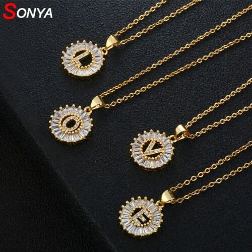 SONYA Women Girls Initial Letter Necklace 26 Letters Charm Gold Name Necklace Pendant Top Quality Copper Zircon Jewelry Gift