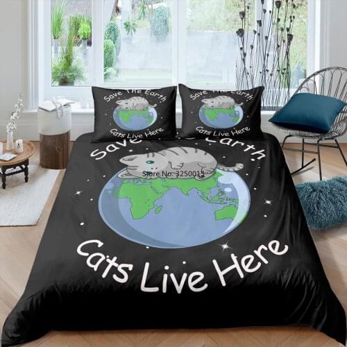 Black Bedding Set 3D Printed Soft Duvet Cover Bed Set Cute Cat Home Textiles for Adults Bedclothes with Pillowcase Queen Single
