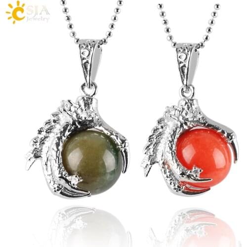 CSJA Natural Gem Stone Beads Dragon Claw Necklaces & Pendant Ball Lapis Lazuli Crystal Quartz Women Men Yoga Gothic Jewelry E456