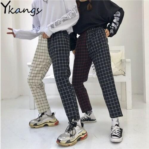 Gothic Vintage Plaid Patchwork Pants Elastics High Waist Pants Harajuku Woman Trousers Korean Casual Straight Streetwear Korean