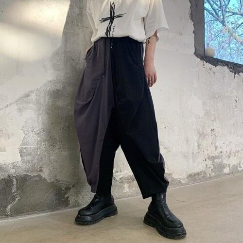 Large size summer asymmetrical color matching low crotch Harun Capris fashion Japanese color contrast lantern pants work clothes