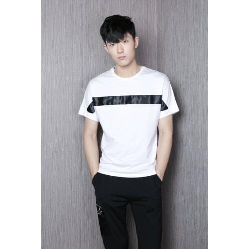 Summer simple contrast color stripes stitching loose round neck casual short-sleeved t-shirt mens trendy dark street
