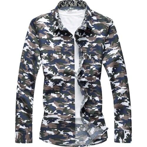 M-6XL Camo Hawaiian Shirt Men 2020 Spring Button Down Long Sleeve Casual Shirts Plus Size