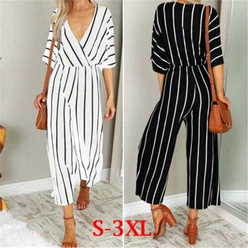 2020 Casual Rompers Womens Girls Jumpsuit Women Summer Half Sleeve Striped Loose Overalls Jumpsuit Combinaison Femme Body Mujer