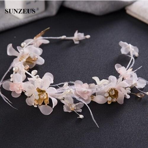 Hand-made Pink Flowers Headband Gold Leaves Feathers Bridal Head Band Wedding Headwear Chain Accessory SQ0263