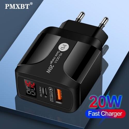 PD 20W USB Type C Charger EU US UK Plug Adapter For iPhone 12 11 Pro Max X XS XR Huawei Mobile Phone Fast Charging LED USB QC3.0