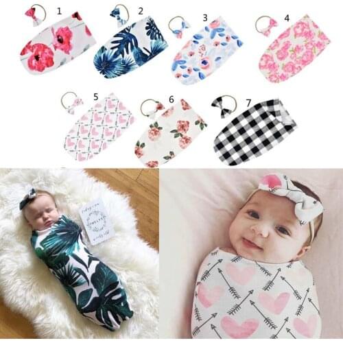 Newborn Infant Sleeping Bag Baby Fashion Printed Swaddle Blanket Muslin Wrap+Headband 2PCS New Born Photography Prop Set