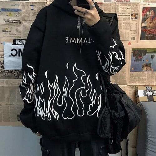 Kpop retro flame print hoodie Korean version ins Harajuku bf style street hip-hop loose plus velvet sweatshirt for men and women