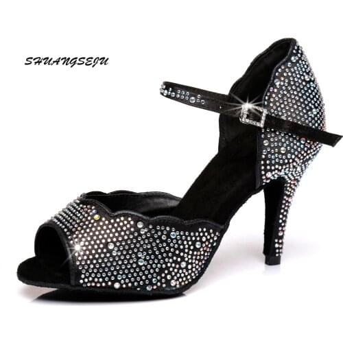 Latin Dance Shoes Women Big Small Rhinestone Salsa Party Wedding Ballroom Dancing Shoes Skin White Black Cuba high heel 6-10cm