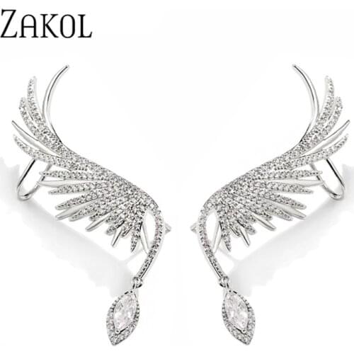 ZAKOL 1 pcs New Arrival Metal Trendy CZ Zirconia Women Dangle Earrings Fashion Wing Ear Female Korean Jewelry FSEP2557