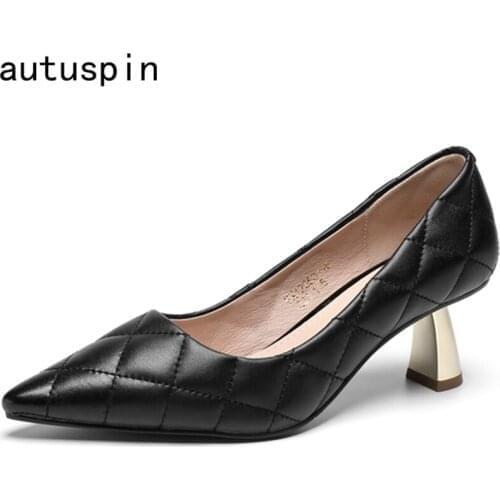 Autuspin Brand Womens Shoes 2021 Autumn Classic Genuine Leather Strange Heels Pumps Ladies Party Wedding Dress Pump Handmade