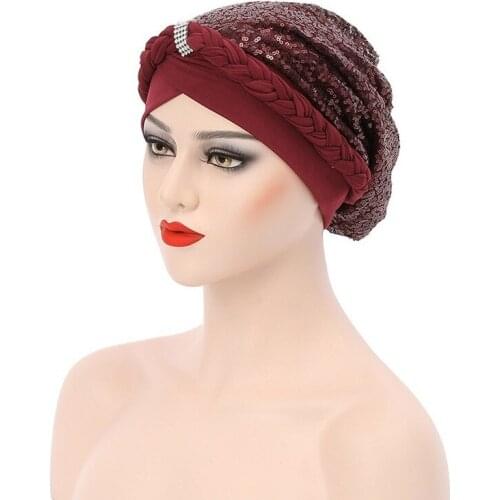Women Fashion Sequins Muslim Scarf Hijab Hat Women India Hat Turban Hat Wrap Cap Head Scarf Headscarf Hat Women Hair Accessories