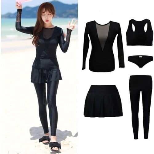 2021 Women Sport Swimsuit Sexy Black 5 Pieces Summer Swimwear Long Sleeves+Long Pants Surfing Suit Sport Wear Push Up Beach Wear
