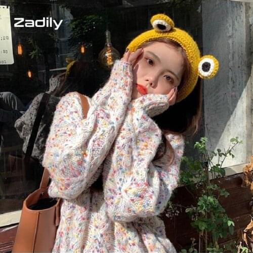 Zadily 2021 Autumn Casual Colorful Dot Knit Womens Sweater Korean Style Long Sleeve Loose Twist Pullover Winter Female Clothing