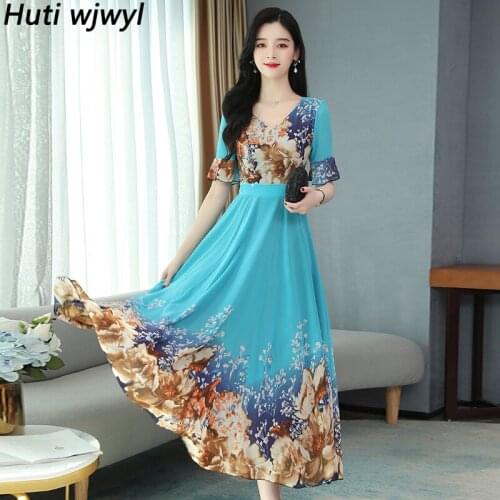 Plus Size Summer Bodycon Party Vestido 2021 Casual Floral Chiffon Beach Boho Big Swing Sundress Vintage Women Elegant Maxi Dress