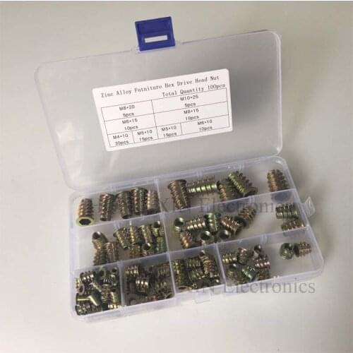 100pcsM4 M5 M6 M8 M10 Zinc Alloy Furniture Hex Socket Screw Inserts Threaded Insert Nuts Assortment Tool Kit for Wood Furniture