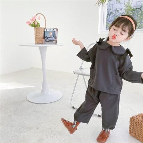 2021 Spring Casual Children Clothing Set Bow Peter Pan Collar Pullover Top+Pant Two Piece Sport Suit Lovely Girls Clothes Set