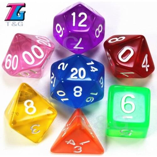 7pc Transparent Dice for DND RPG D4,D6,D8,D10,D%,D12,D20,Board Game dice