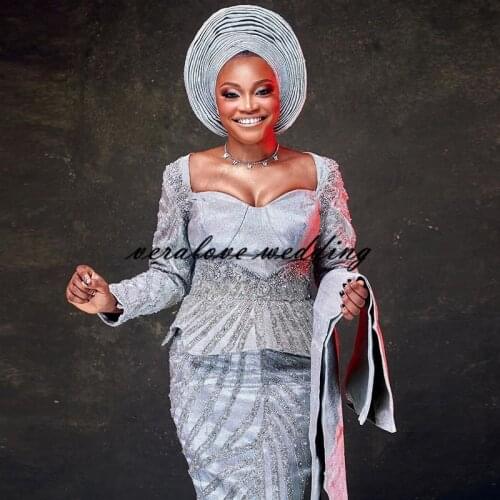 Sparkly Aso Ebi Evening Dress Mermaid Caftan Sweetheart Long Sleeves Satin Back Split Formal Cocktail Party Gowns Vestidos