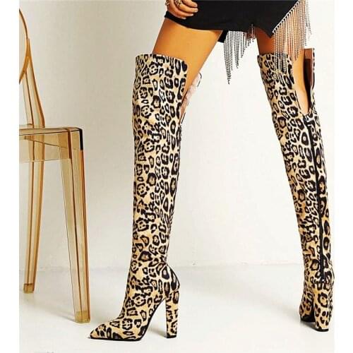 Punk Goth Women Sexy Leopard Over the Knee Boots Thigh High Heel Pointed Toe Party Pumps Tall Long Boots 33 34-43