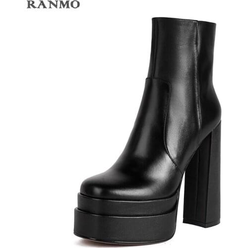 Punk Style Autumn and Winter Boots Leather Womens Short Boots Super High Heels Black Platform 5cm Waterproof Platform Shoes