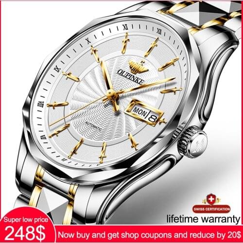 OUPINKE Men Automatic Mechanical Watch Swiss Movement Sapphire Mirror Lifetime Warranty Automatic Watch Tungsten Steel Strap