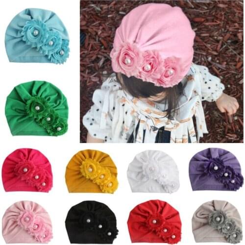 Floral Hats Newborn Toddler Kids Baby Girls Pearl Flower Cotton Beanie Hat Winter Cap Sweet Baby Head Accessories soft hats